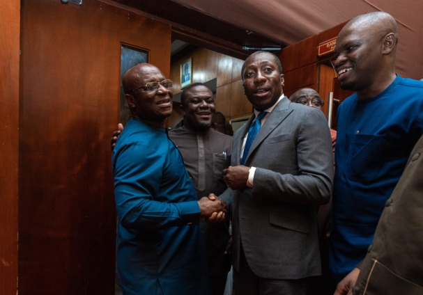Osei Kyei Mensah-Bonsu exchanges pleasantries with Afenyo-Markin after the crucial meeting at the Jubilee House.