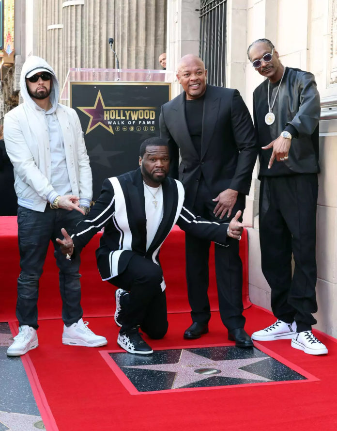 Eminem, 50 Cent, Dr. Dre and Snoop Dogg in Los Angeles on March 19, 2024. MONICA SCHIPPER/GETTY