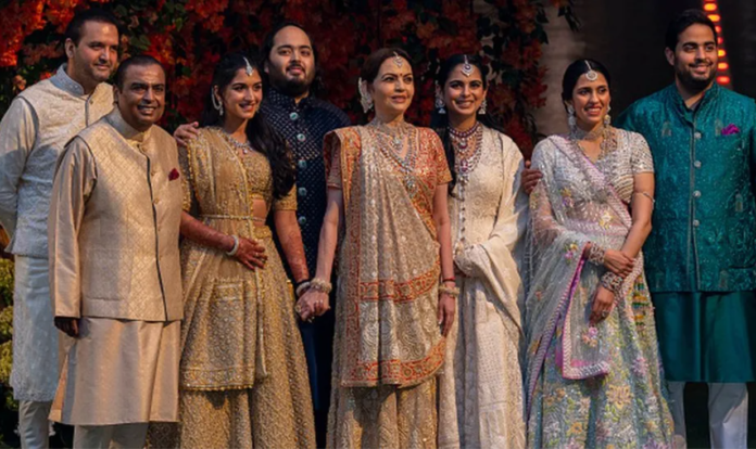 The Ambani family at the engagement of Radhika Merchant (third from left) and Anant Ambani (fourth from left) in January 2023 The Ambani family at the engagement of Radhika Merchant (third from left) and Anant Ambani (fourth from left) in January 2023