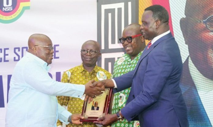 President Akufo-Addo (left) receiving a citation from Dr Yaw Adutwum after the launch of the NSS Policy in Accra. With them are Osei Assibey Antwi (2nd from left) and Nii Odoi Tetteyfio, Board Chairman, NSS. Picture: SAMUEL TEI ADANO President Akufo-Addo (left) receiving a citation from Dr Yaw Adutwum after the launch of the NSS Policy in Accra. With them are Osei Assibey Antwi (2nd from left) and Nii Odoi Tetteyfio, Board Chairman, NSS. Picture: SAMUEL TEI ADANO