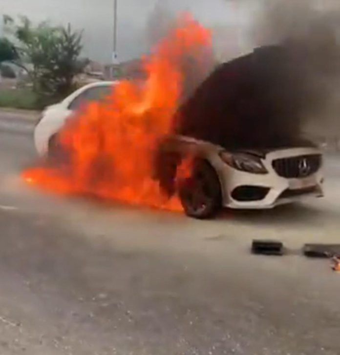 Benz bursts into flames at Anyaa