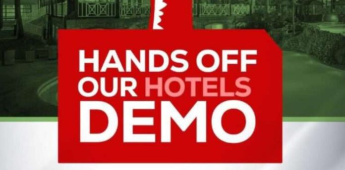 'Hands Off Our Hotels' demo