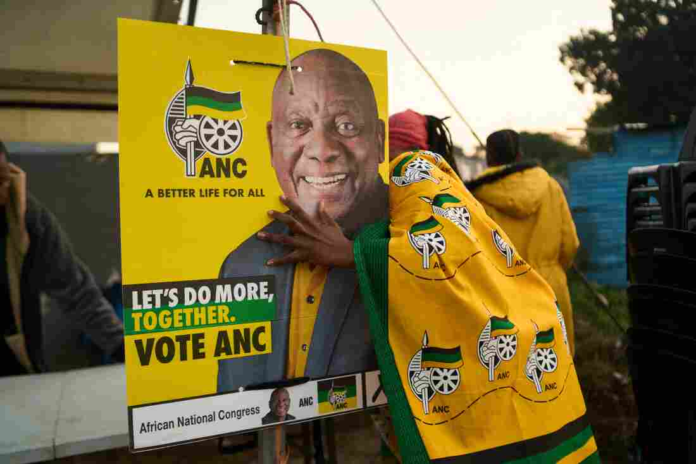 African National Congress (ANC) polling agents set up a tent decorated with party paraphernalia outside a polling station in Umlazi on May 29, during South Africa's general election. Zinyange Auntony/AFP via Getty Images African National Congress (ANC) polling agents set up a tent decorated with party paraphernalia outside a polling station in Umlazi on May 29, during South Africa's general election. Zinyange Auntony/AFP via Getty Images