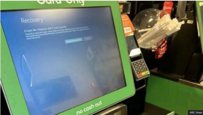 A Woolworth check out screen affected by the outage. A Woolworth check out screen affected by the outage.