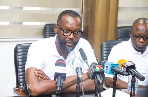 Daniel Nyame, Eastern Regional Coordinator for small-scale miners, addressing the media