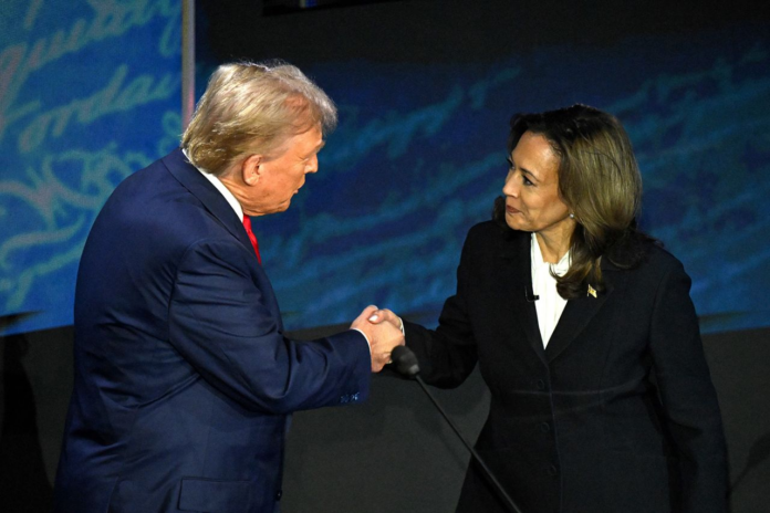 Former President Donald Trump shakes hands with Vice President Kamala Harris at the start of the ABC presidential debate in Philadelphia on Tuesday. Saul Loeb/AFP/Getty Images Former President Donald Trump shakes hands with Vice President Kamala Harris at the start of the ABC presidential debate in Philadelphia on Tuesday. Saul Loeb/AFP/Getty Images