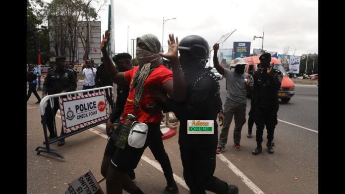 Video Thumbnail: Two protesters arrested on the 3rd day of the #StopGalamseyNow and #ReOccupyJulorbiHouse demo