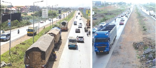 An aerial shots of the motorway last year (left) and from the same spot yesterday (right) An aerial shots of the motorway last year (left) and from the same spot yesterday (right)