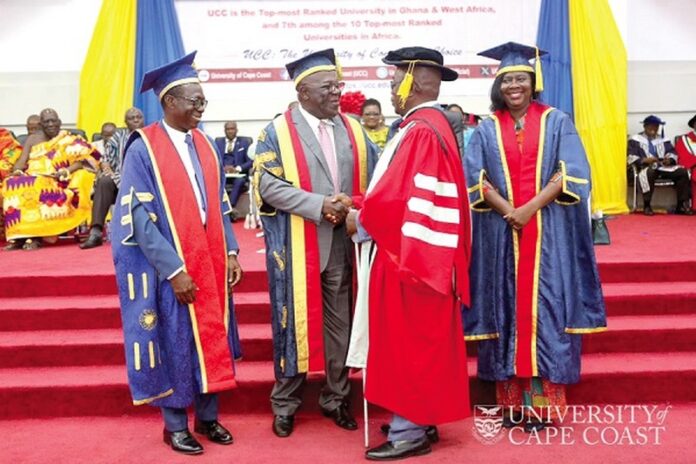 Sir Sam Jonah (2nd from left), Chancellor of UCC, congratulating Dr Ben Bishop Nyanihorba Ayamba. Looking on are Prof. Johnson Nyarko Boampong (left), Vice-Chancellor, and Prof. Rosemond Boohene, Pro Vice-Chancellor of UCC Sir Sam Jonah (2nd from left), Chancellor of UCC, congratulating Dr Ben Bishop Nyanihorba Ayamba. Looking on are Prof. Johnson Nyarko Boampong (left), Vice-Chancellor, and Prof. Rosemond Boohene, Pro Vice-Chancellor of UCC