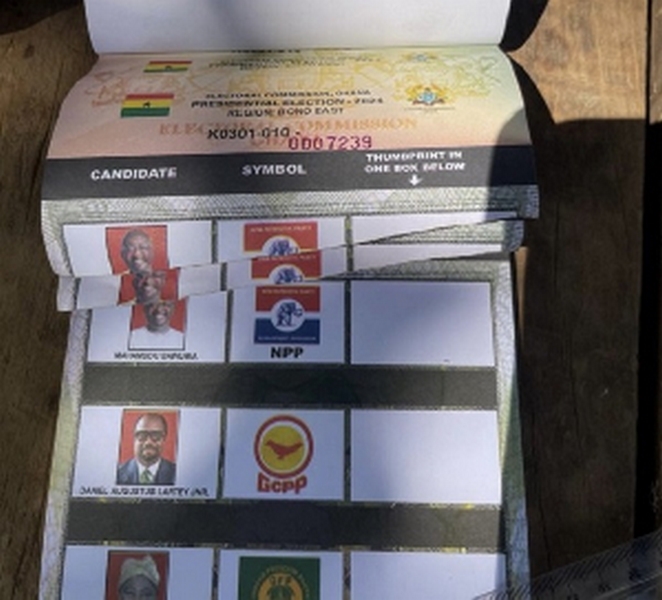 Torn ballot papers issued to voters at the Temporary Booth Bayiri Polling Station Torn ballot papers issued to voters at the Temporary Booth Bayiri Polling Station