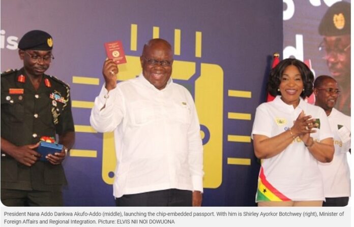 President Nana Addo Dankwa Akufo-Addo (middle), launching the chip-embedded passport. With him is Shirley Ayorkor Botchwey (right), Minister of Foreign Affairs and Regional Integration. Picture: ELVIS NII NOI DOWUONA