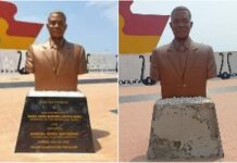 Koku Anyidoho reacts after plaque on Prof. Mills’ statue bearing his name is ‘vandalised’ The statue of former President John Evans Atta Mills before (L) and after the vandalism