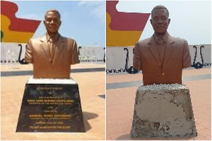 The statue of former President John Evans Atta Mills before (L) and after the vandalism The statue of former President John Evans Atta Mills before (L) and after the vandalism