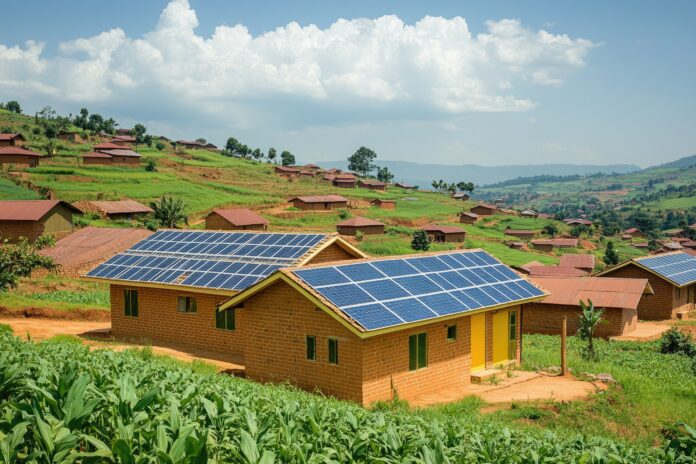 Solar panels providing sustainable energy to rural african village houses