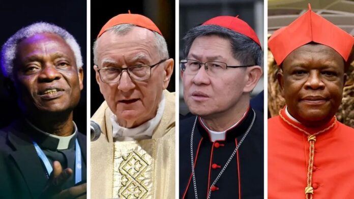 Pope candidates (left to right) Cardinal Peter Kodwo Appiah Turkson, cardinal Pietro Parolin, cardinal Luis Antonio Gokim Tagle, and cardinal Fridolin Ambongo Besungu
