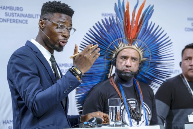 Future Talks: Protecting Forests, Protecting the Planet: Financing Solutions for Nature and Climate. Moderator Kenneth Awotwe Darko and Dinamam Tuxá Articulation of Indigenous Peoples of Brazil -Photographed on behalf of the Hamburg Sustainability Conference
