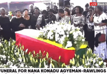 Old students of Achimota School surround casket, bid tearful farewell to Nana Konadu